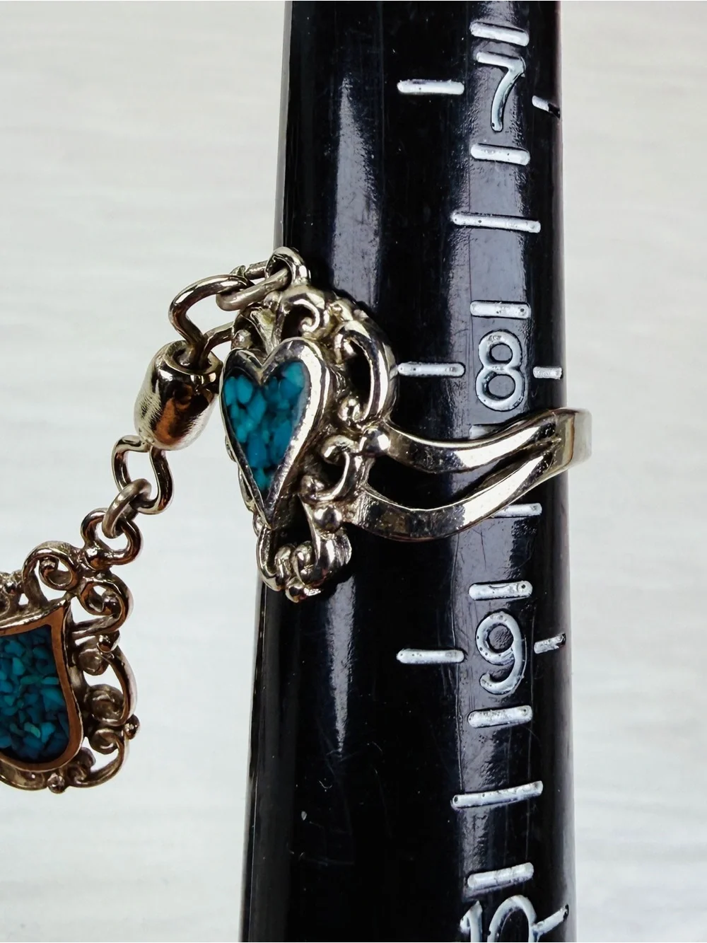 Ornate Silvertone Blue Heart Cuff Bracelet & Size 8.5 Ring Matching Jewelry Set